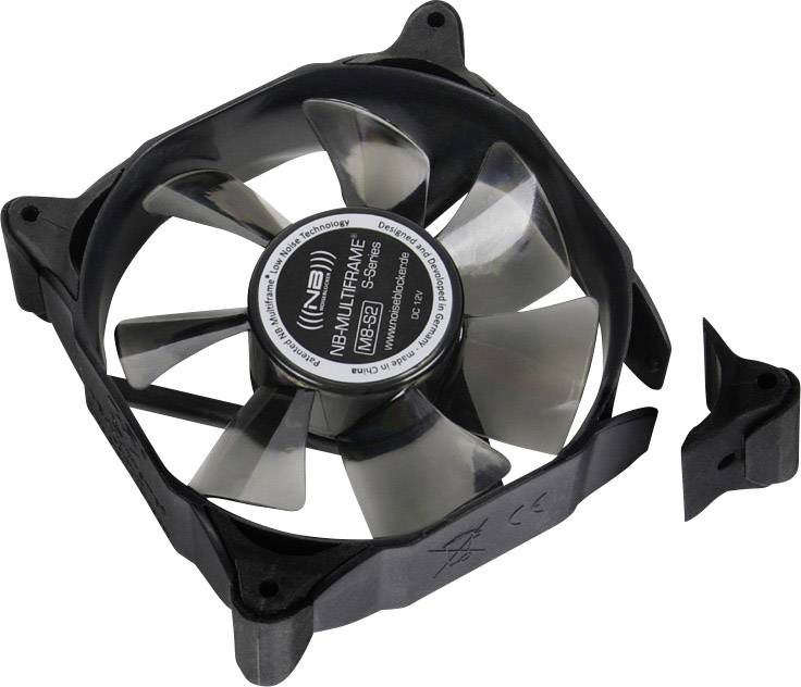 Ventilateur d'ordinateur noir avec un élément d'angle triangulaire qui semble amovible. Principalement en plastique, adapté aux boîtiers d'ordinateur.