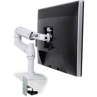 Un bras de support de moniteur en métal, fixé à une table et portant un écran, démontre de la flexibilité dans son orientation.