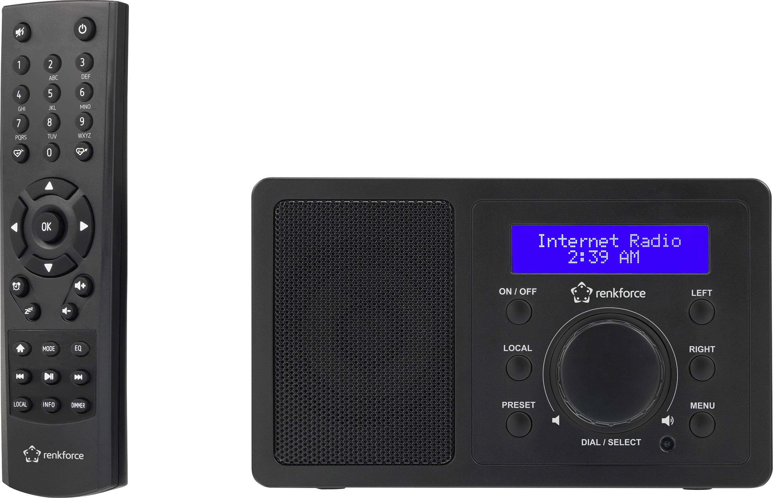 Un poste de radio Internet noir avec un affichage bleu, indiquant 'Radio Internet 2:39 AM'. À côté, une télécommande assortie.