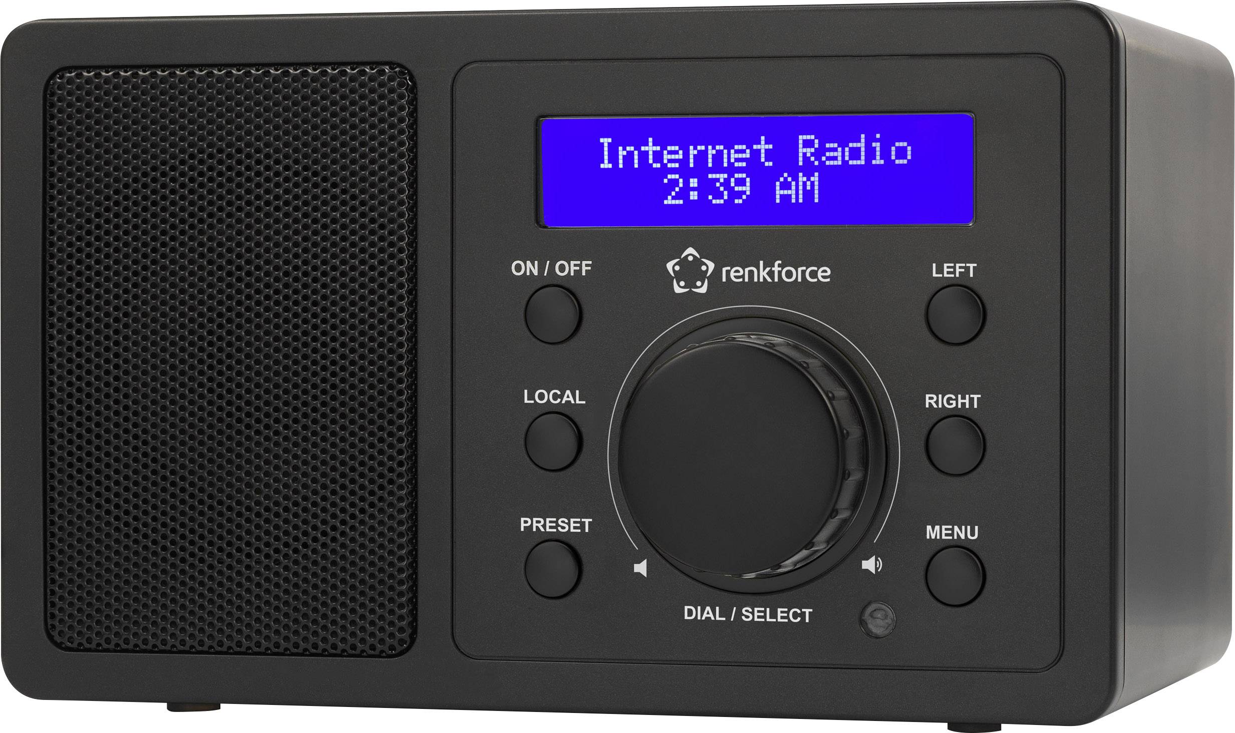 Radio Internet noir avec un haut-parleur à gauche, un affichage bleu indiquant 'Radio Internet 2:39', avec plusieurs touches et boutons rotatifs.