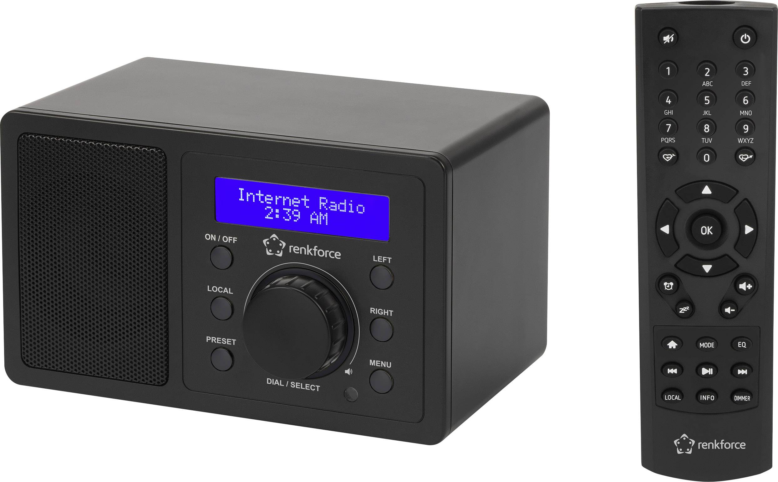 Un poste de radio internet noir avec un écran bleu affiche 'Radio Internet 2:39'. Une télécommande est posée à côté.