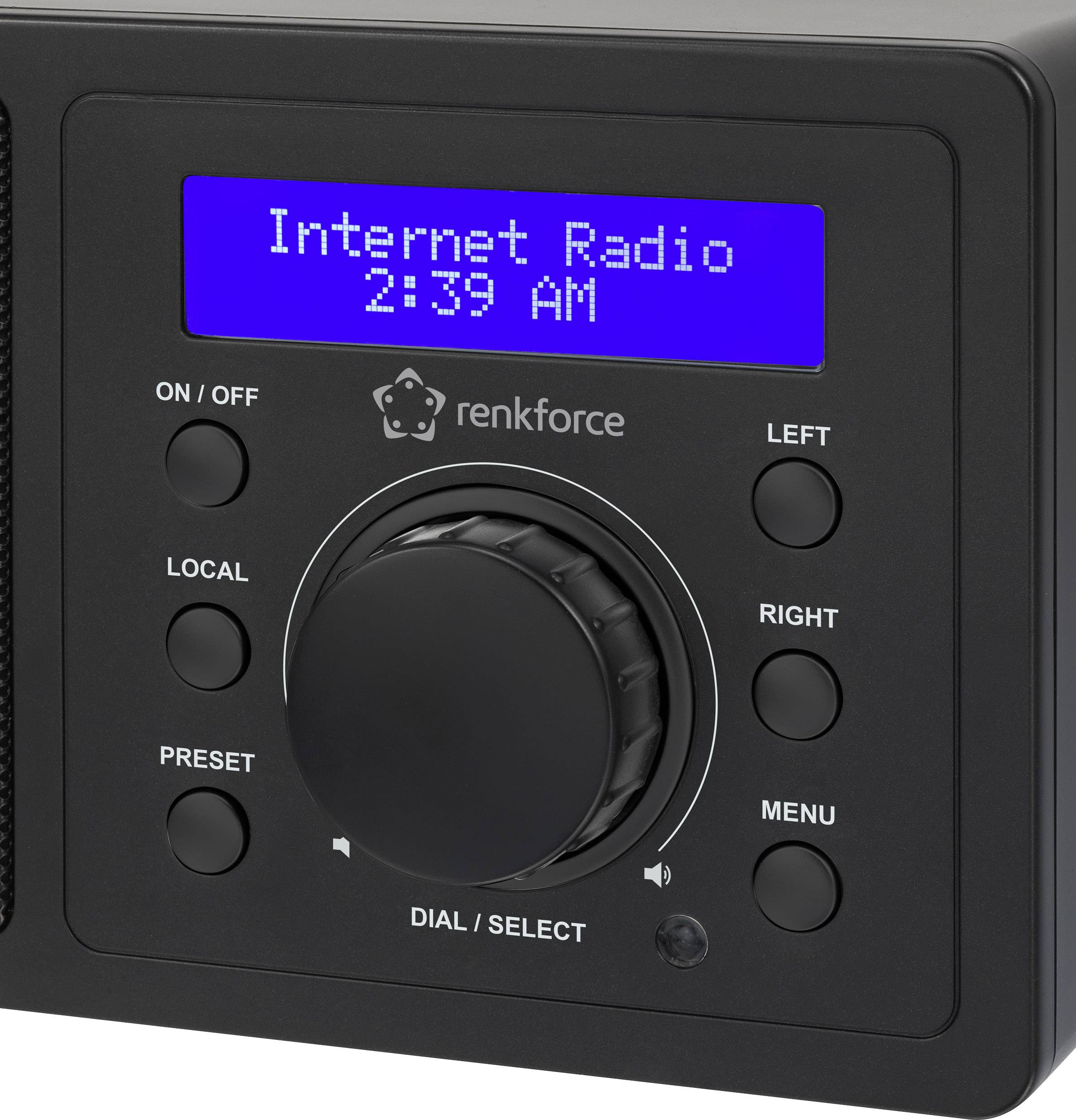 Radio noir avec affichage numérique bleu indiquant 'Radio Internet 2:39'. Plusieurs boutons de commande sont visibles.