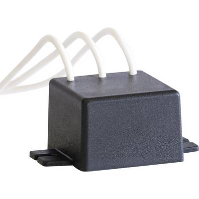 Un bloc électronique rectangulaire noir avec trois fils blancs dépassant au-dessus, monté sur un support.