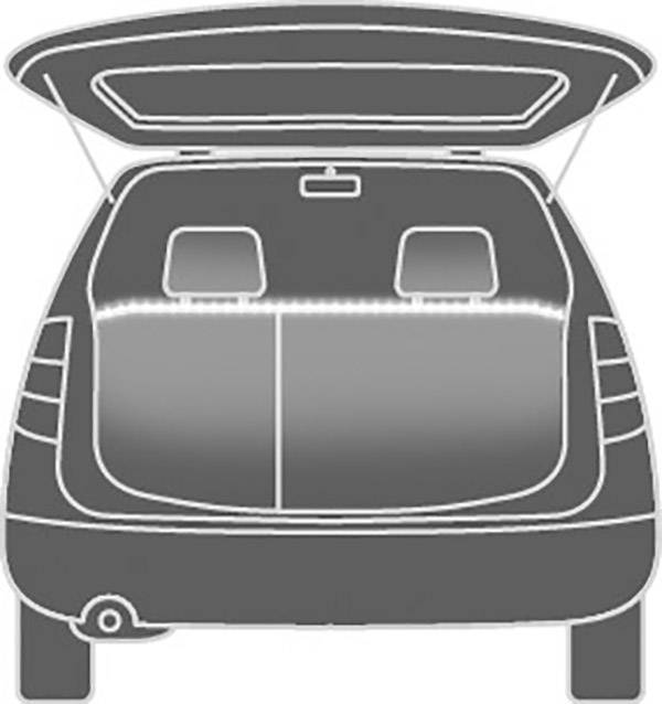 Un coffre ouvert d'une voiture avec deux appuie-têtes visibles et le coffre éclairé par une bande lumineuse.