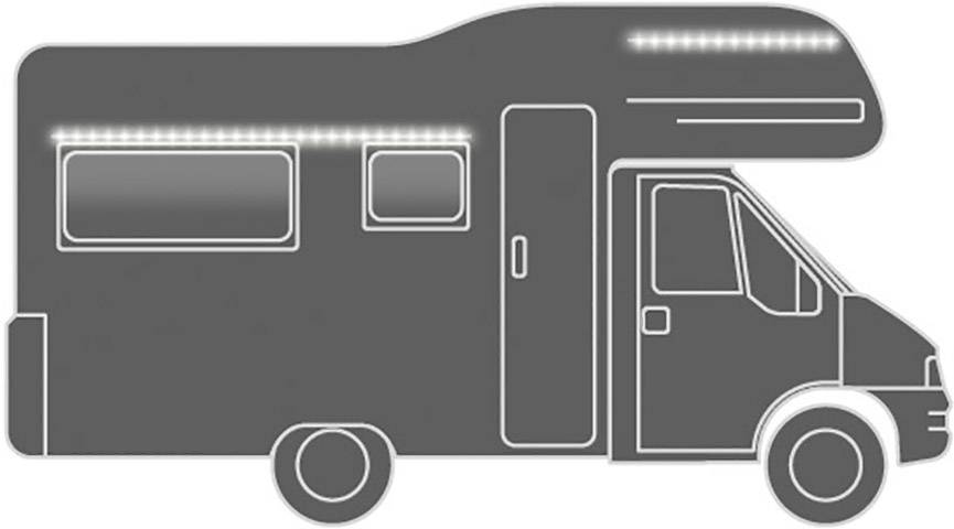 Symbole de camping-car, vue latérale avec un toit éclairé et des fenêtres, représentant le design d'un camping-car classique.