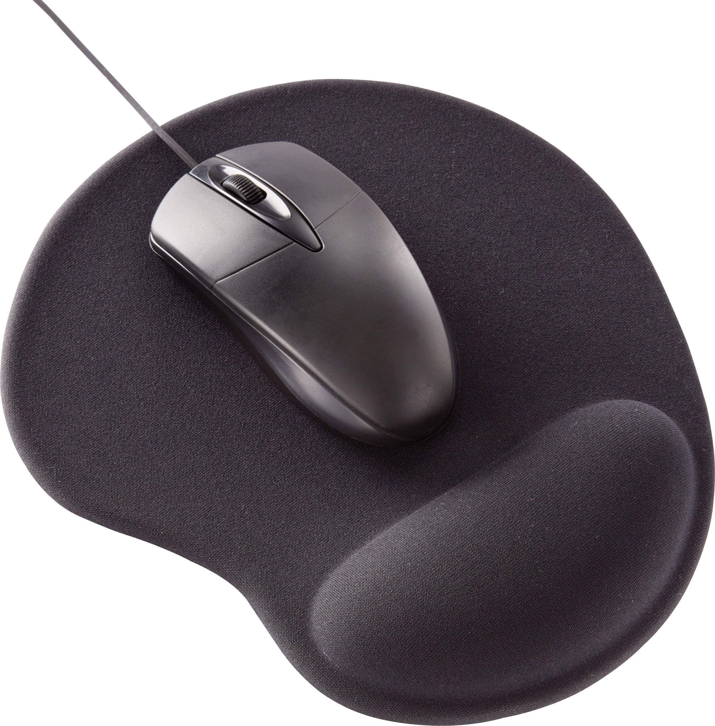 Souris d'ordinateur noire sur un tapis de souris ergonomique avec repose-poignet.