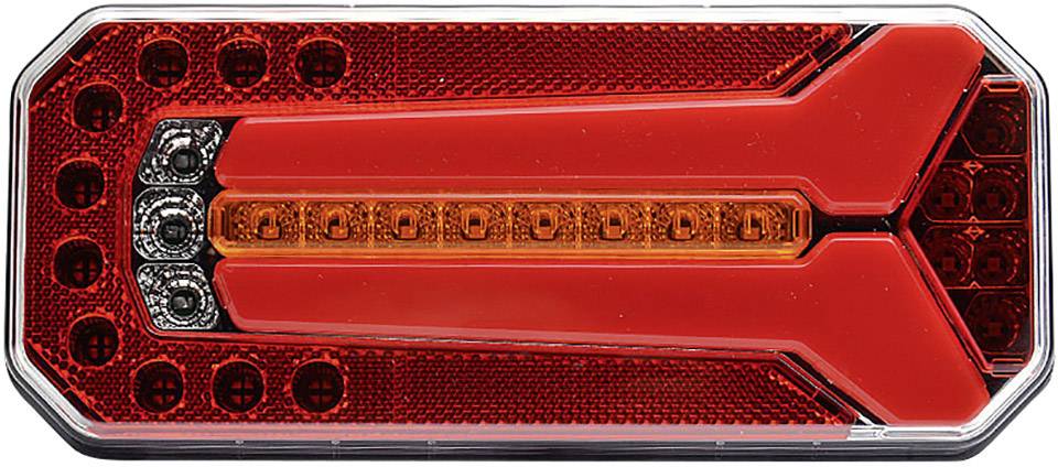 Feu arrière pour véhicules avec bande LED et plusieurs modules lumineux en rouge et orange.