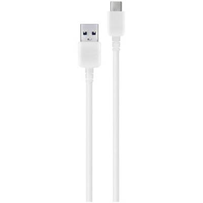 Un câble USB blanc avec une fiche USB-A sur le côté gauche et une fiche USB-C sur le côté droit.