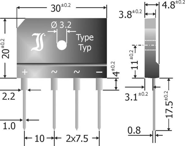 Diotec GBI25J Pont redresseur SIL-4 600 V 25 A Monophasé