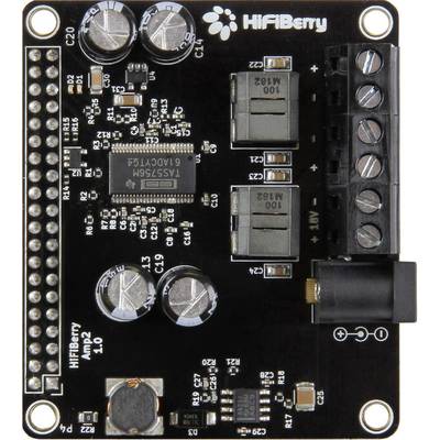 HiFiBerry AMP2 : Carte son noir de type amplificateur avec connexions et composants pour l'amplification des signaux audio sur Raspberry Pi.