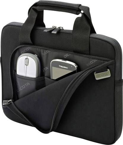 Sacoche noire pour ordinateur portable avec compartiments pour une souris d'ordinateur et un téléphone mobile. Le sac est équipé d'une poignée de transport.