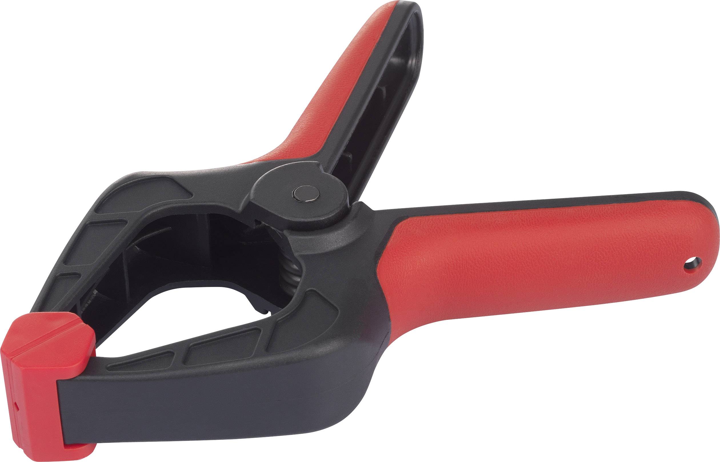 Une pince à ressort noir et rouge en plastique, adaptée pour fixer des objets.