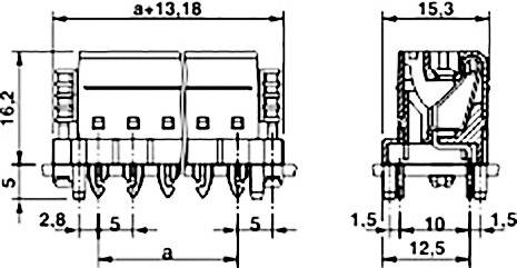 Dessin technique d'un connecteur électrique avec cotes en millimètres, montrant les vues de face et de profil avec détails.