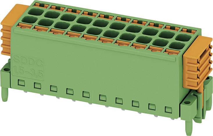 Un connecteur rectangulaire vert avec plusieurs ports, des bandes latérales orangées et l'inscription 'SDDC 1.5-3.5'.