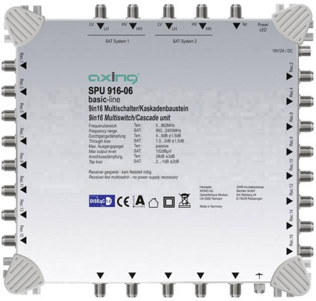Commutateur multicommande SPU 916-06 d'Axing pour systèmes satellite, 9 entrées, 16 sorties. Prend en charge DiSEqC, adapté pour le cascadage.