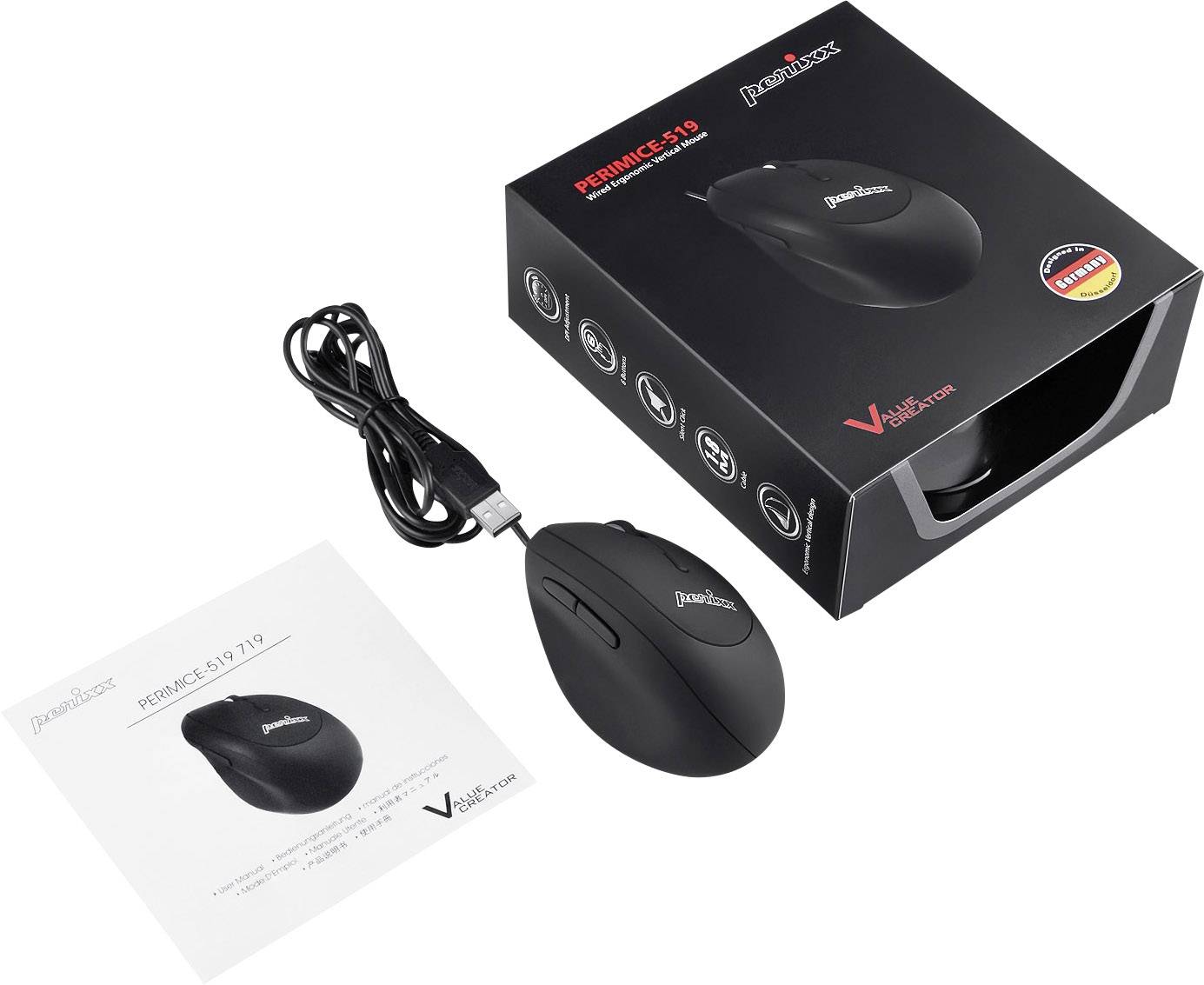 Une souris verticale ergonomique, modèle Perimice-518, à côté de son emballage et de son mode d'emploi, sur une table.