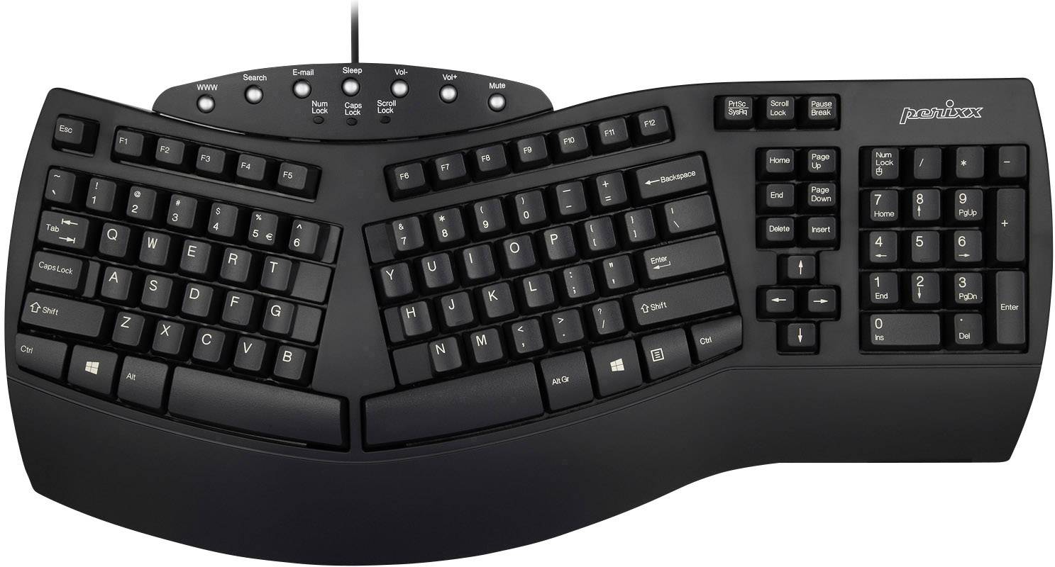 Clavier ergonomique noir à design divisé ; les touches sont réparties en deux moitiés inclinées pour favoriser une position naturelle des mains.