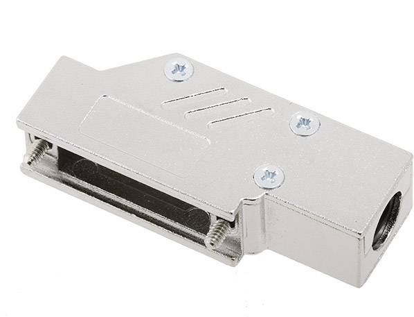 Boîtier adaptateur métallique de forme rectangulaire, avec vis apparentes et ouverture pour connexion de câble, adapté aux applications techniques.