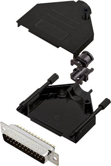 Vue éclatée d'un connecteur avec boîtier noir et raccordement métallique, montrant le couvercle supérieur, le couvercle inférieur et le support.