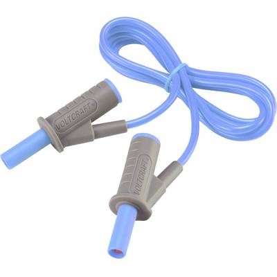 Une paire de câbles de mesure bleus de la marque Voltcraft. Le câble est enroulé plusieurs fois et les fiches sont grises avec des embouts bleus.