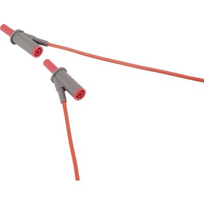 Câbles de mesure électriques rouges et gris avec connecteurs, utilisés pour le raccordement à des appareils dans des applications de test et de mesure.