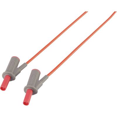 Deux fils de test rouges avec des fiches grises, adaptés pour les tests et mesures électriques, sur un fond blanc.