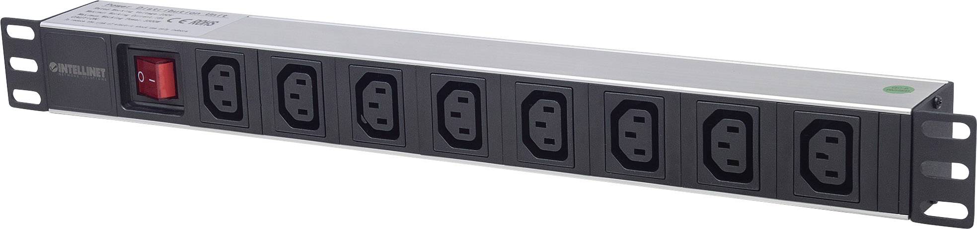 Barrette d'alimentation à sept prises avec interrupteur marche-arrêt rouge, adaptée aux connexions d'équipements dans les racks serveurs ou les infrastructures informatiques.