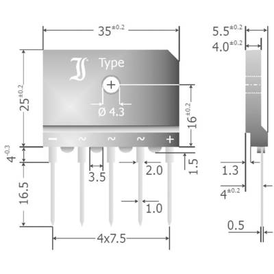 Dessin technique d'un composant électronique avec des dimensions en millimètres. Contient des symboles de connexion électrique.