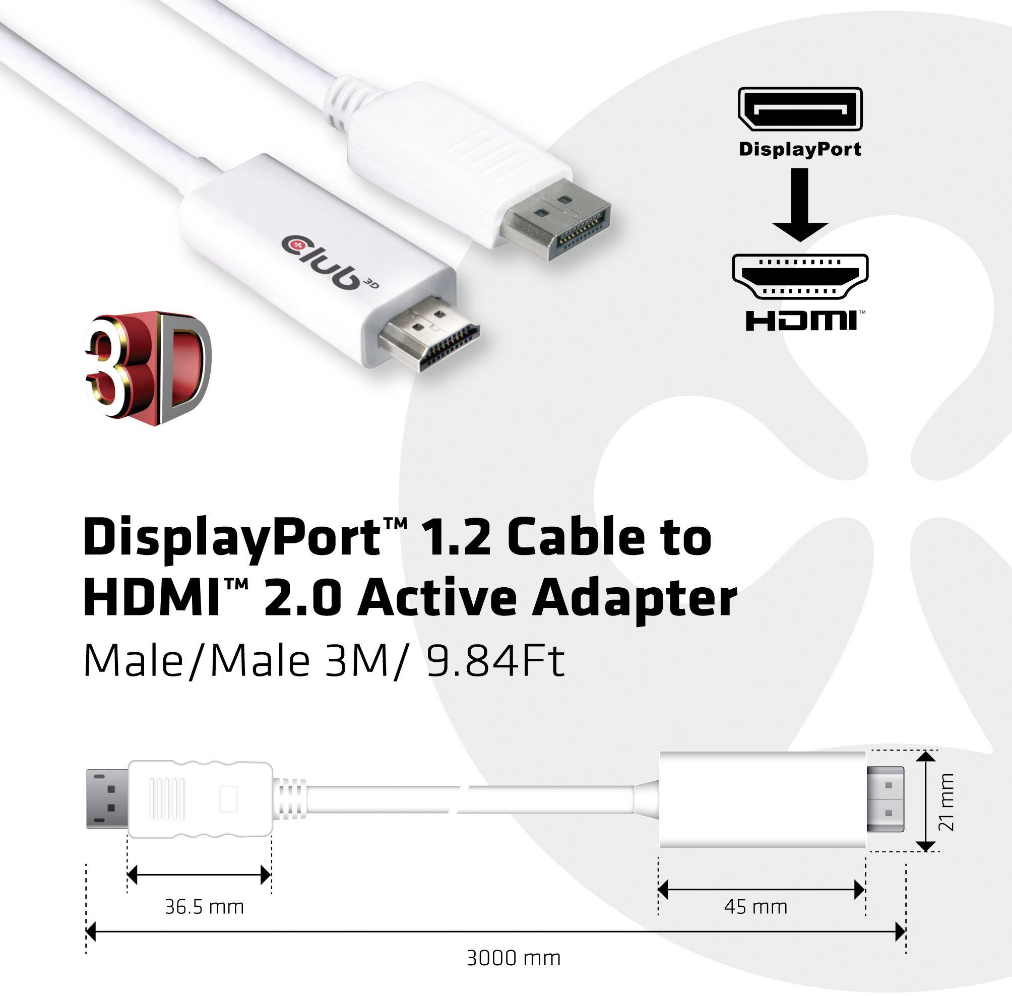 club3D DisplayPort / HDMI Câble adaptateur Fiche mâle DisplayPort, Fiche mâle HDMI-A 3.00 m blanc CAC-1073 Câble Display-5