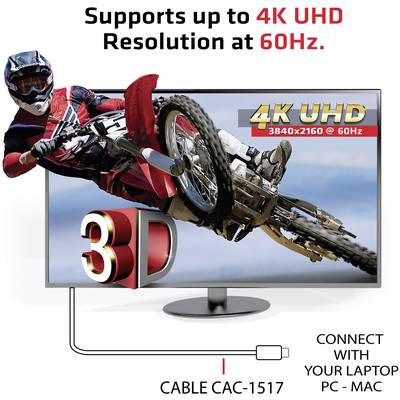 Un motocycliste saute à travers un écran 3D qui affiche en 4K UHD à 60 Hz. Texte : 'Supporte jusqu'à la résolution 4K UHD à 60 Hz.'