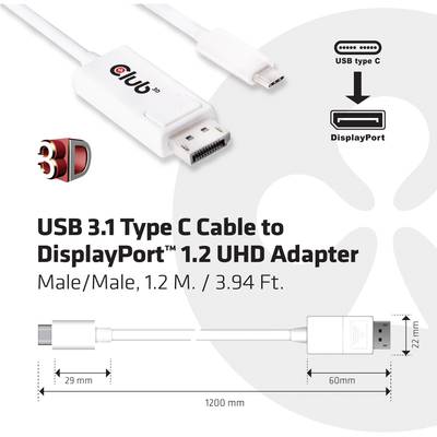 Adaptateur USB 3.1 Type C vers DisplayPort 1.2 UHD, mâle/mâle, 1,2 m. Dimensions détaillées du câble indiquées.