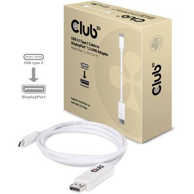 Câble USB-C vers DisplayPort "Club 3D" de 1,2 mètre, adapté à la résolution UHD, avec câble blanc et adaptateur dans l'emballage.