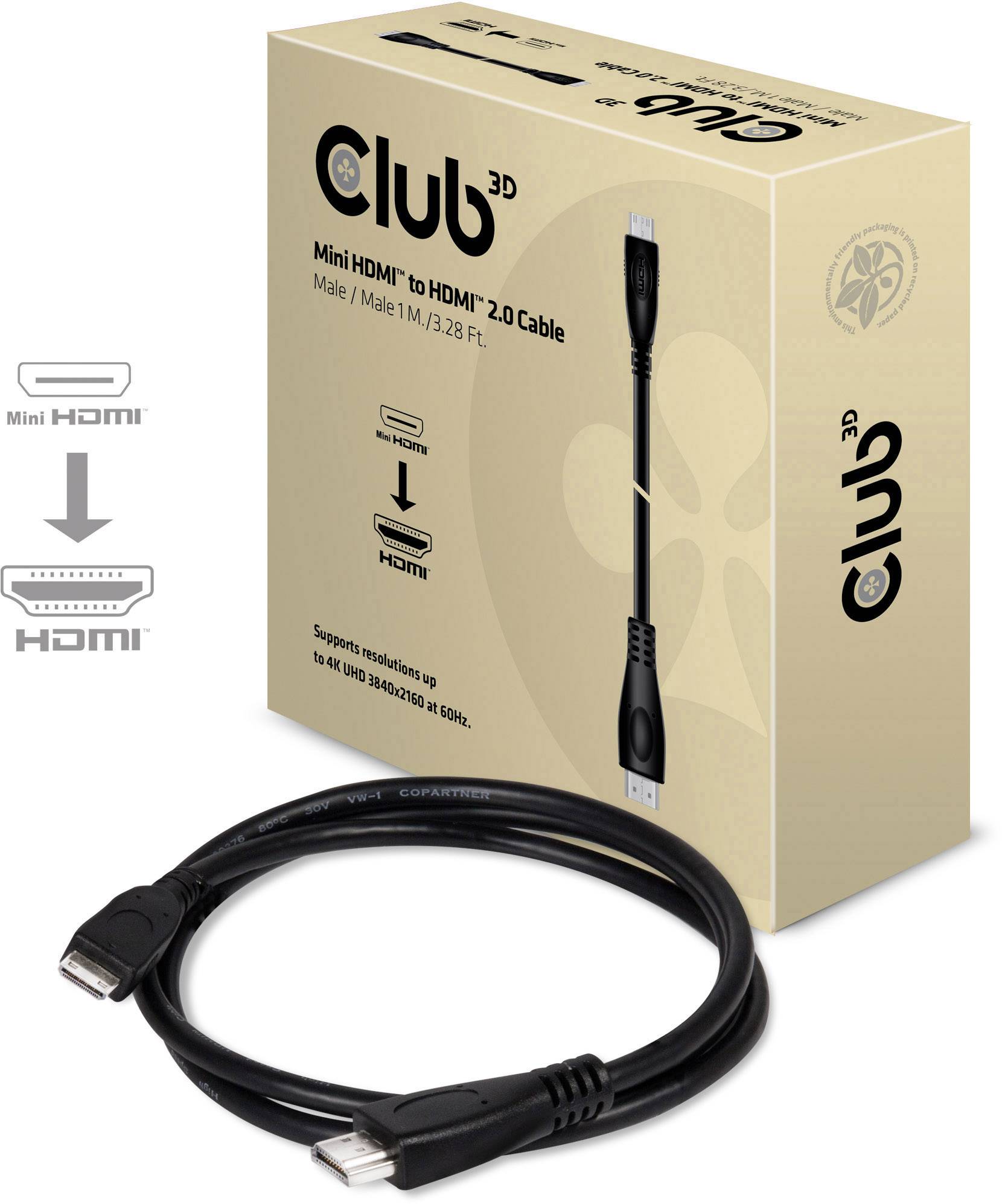 Emballage du 'Club 3D Mini HDMI vers HDMI 2.0 Câble' montrant le câble et les ports. Prend en charge des résolutions jusqu'à 3840x2160 à 60 Hz.
