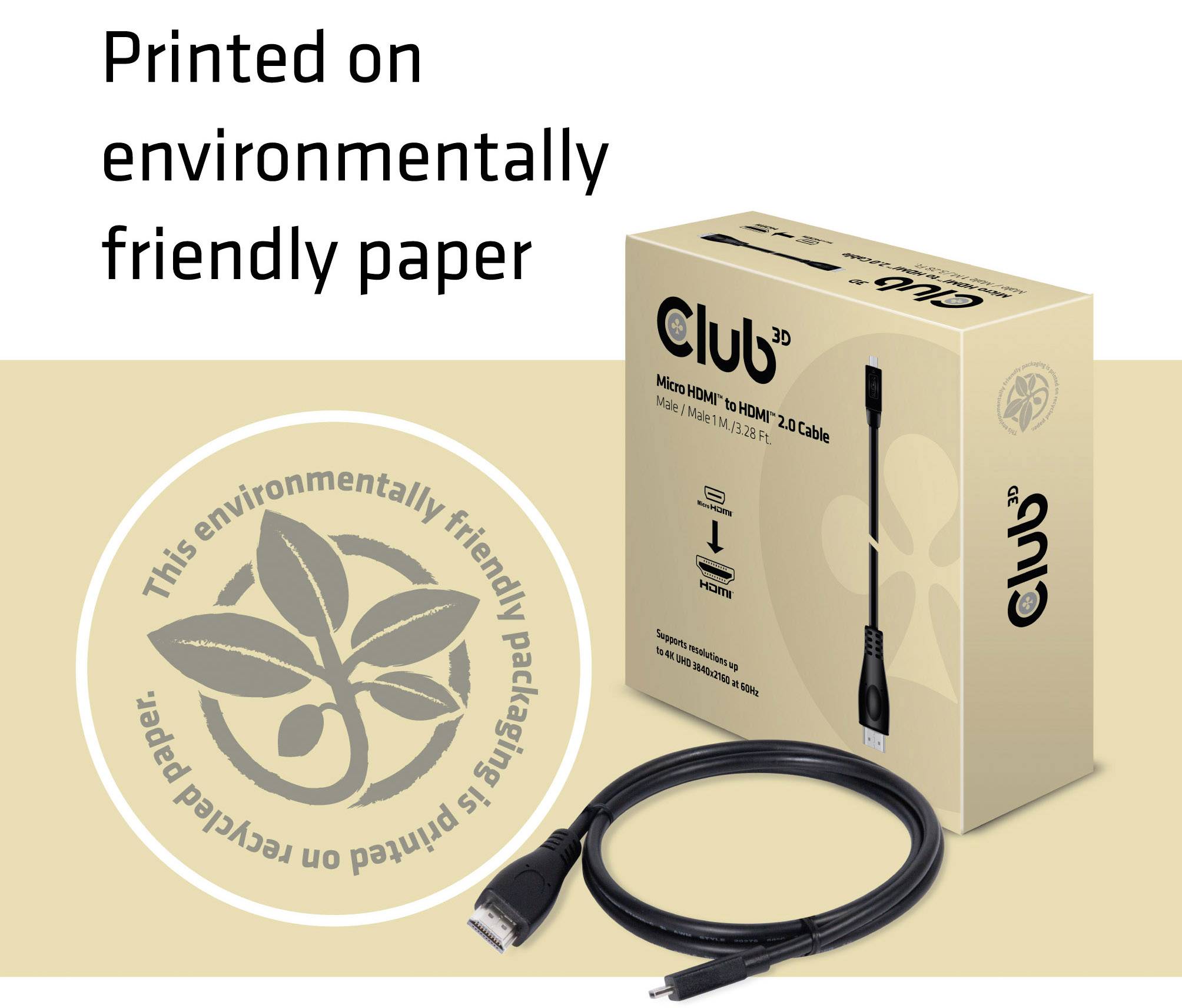 Emballage d'un câble HDMI de 'Club 3D', représenté à côté du câble avec la mention 'Imprimé sur du papier respectueux de l'environnement'.