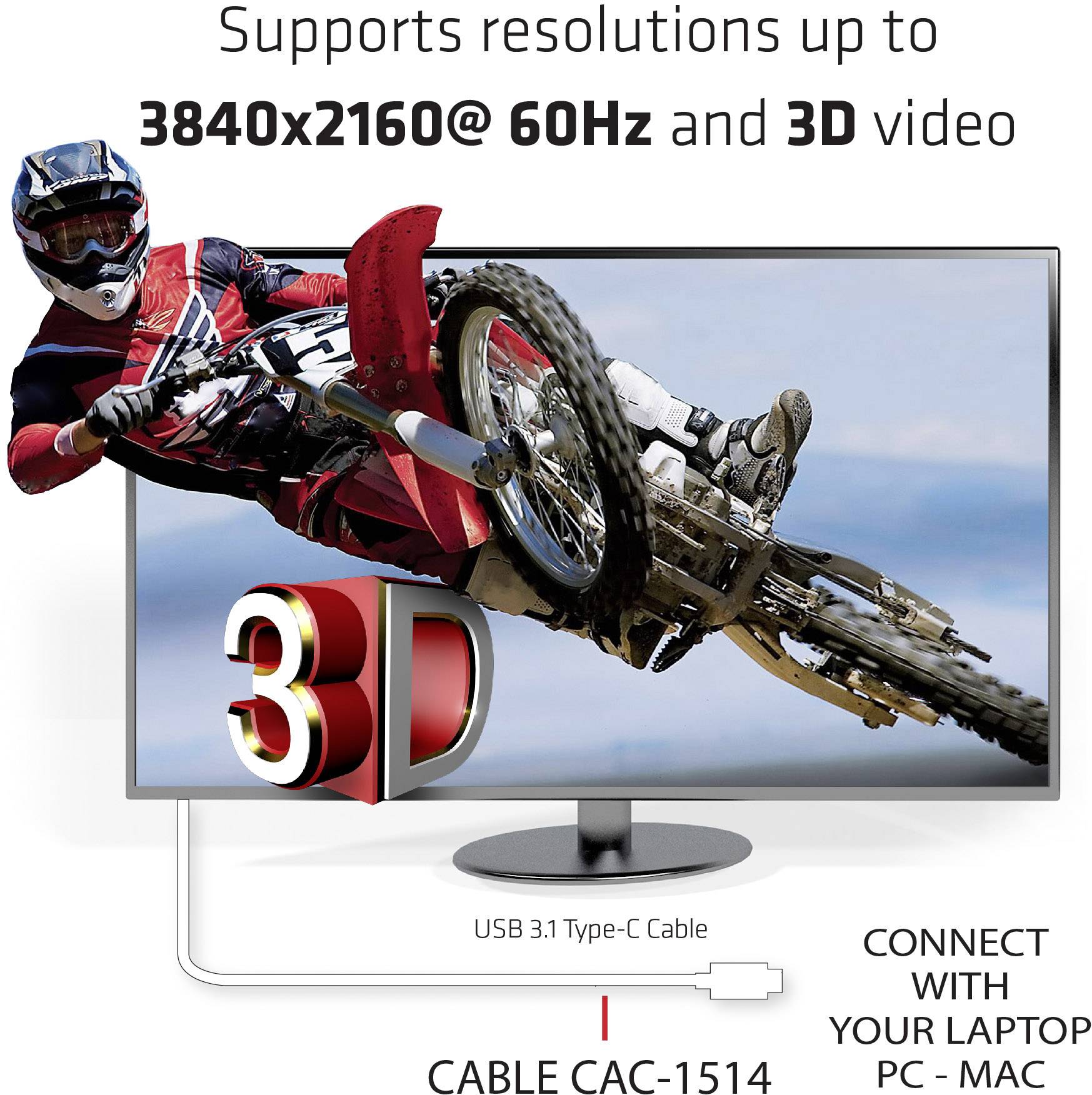 Un pilote de motocross saute d'un moniteur affichant une vidéo 3D en 3840x2160@60Hz. Texte : « Câble USB 3.1 Type-C CAC-1514 ».