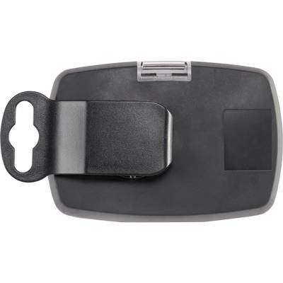 Un clip de ceinture noir de forme rectangulaire avec un bord arrondi. Un support en plastique transparent se trouve en haut.
