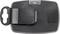 Un clip de ceinture noir de forme rectangulaire avec un bord arrondi. Un support en plastique transparent se trouve en haut.