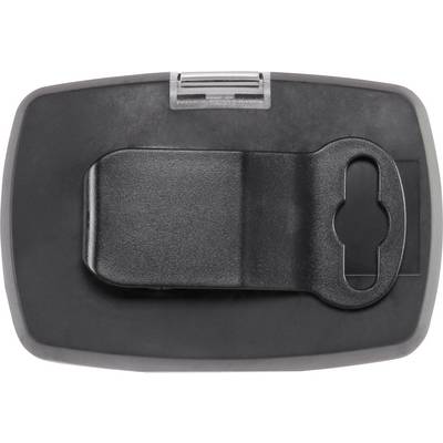 Clip de ceinture noir avec mécanisme à crochets et à glissière, monté sur un boîtier rectangulaire en plastique gris et noir.