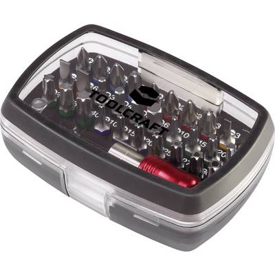 Coffret d'embouts avec poignée. Un ensemble compact de différents embouts dans un boîtier transparent avec une poignée rouge, adapté à divers travaux de fixation.