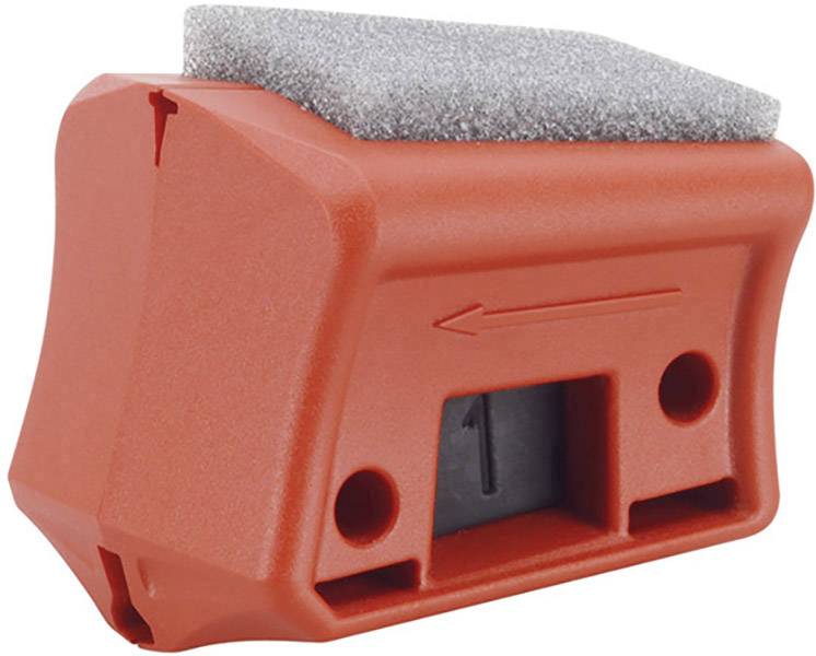 Un bloc de ponçage rouge avec un tampon de ponçage gris. Une flèche indique le sens du ponçage.