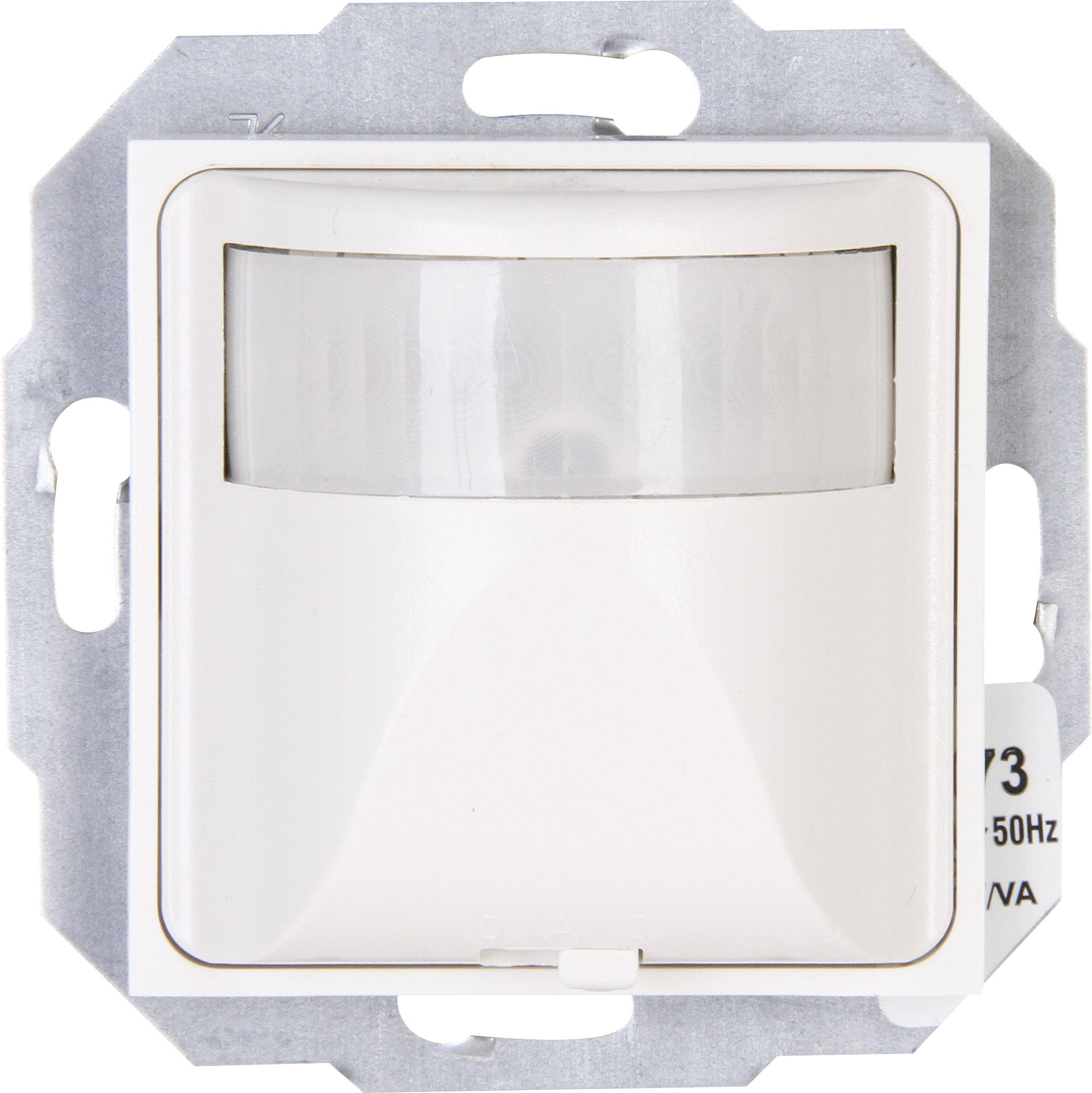 Détecteur de mouvements pour montage mural, forme rectangulaire, boîtier blanc, intégré dans une plaque de fixation métallique.