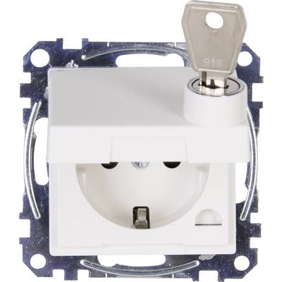 Illustration d'un interrupteur de sécurité verrouillable avec une prise électrique. Une clé est insérée dans la serrure du boîtier de protection blanc.