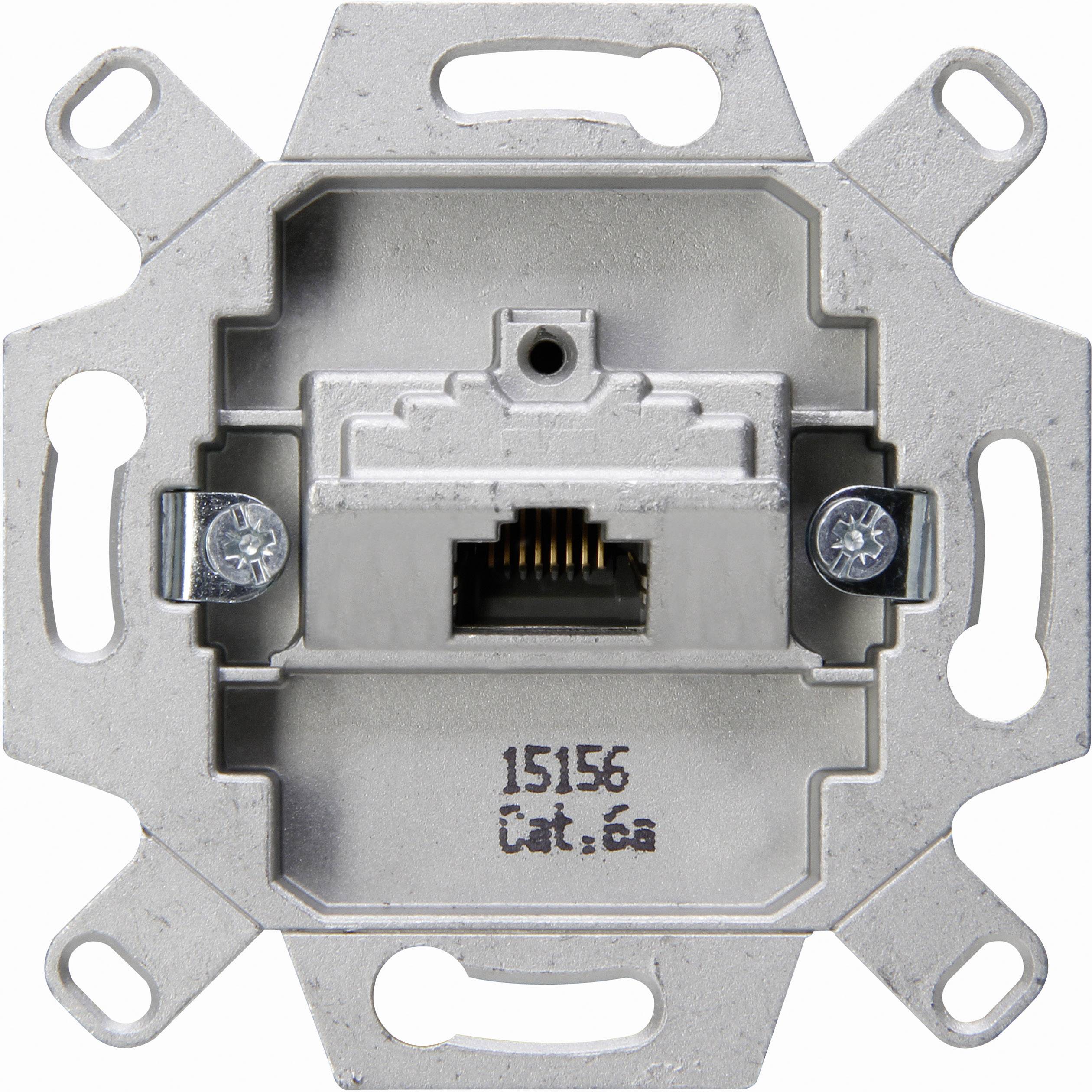 Une prise RJ45 (Cat 6a) montée sur une plaque métallique, adaptée à une connexion réseau dans une installation murale.