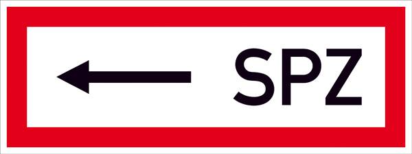 Panneau de signalisation avec un bord rouge ; une flèche noire pointant vers la gauche indique 'SPZ', ce qui fait référence à une direction ou une installation spécifique.