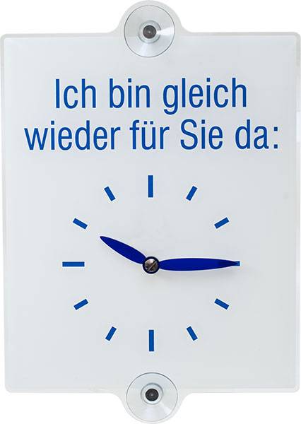 Horloge blanche avec des aiguilles bleues. Inscription : « Je serai de retour dans un instant ».