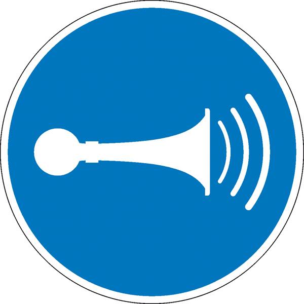 Panneau de signalisation routière bleu avec un symbole de klaxon blanc, prescrivant l'utilisation du signal sonore ou du klaxon.