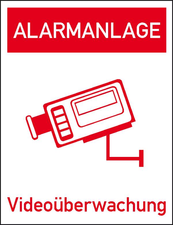 Panneau rouge avec l'inscription 'SYSTÈME D'ALARME' en haut. En dessous, un symbole de caméra de vidéosurveillance et le texte 'Vidéosurveillance'.