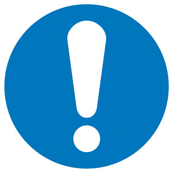 Avertissement : Un point d'exclamation blanc sur un cercle bleu, symbolisant l'attention ou la prudence.