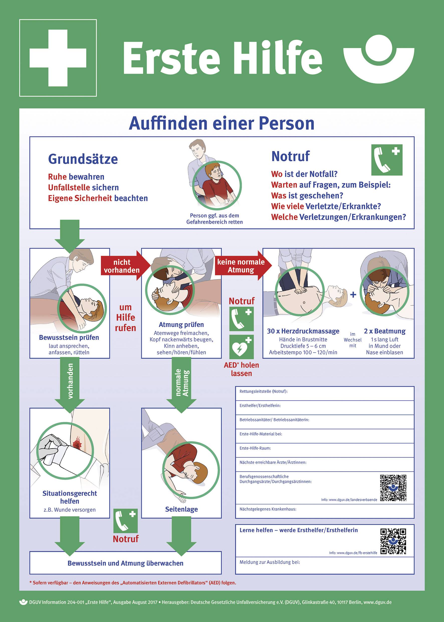 Affiche de 'Premiers Secours' : Instructions de premiers secours pour les personnes inconscientes. Étapes : Vérifier la respiration, appeler les secours, position latérale de sécurité. Conseils de sécurité et communication.