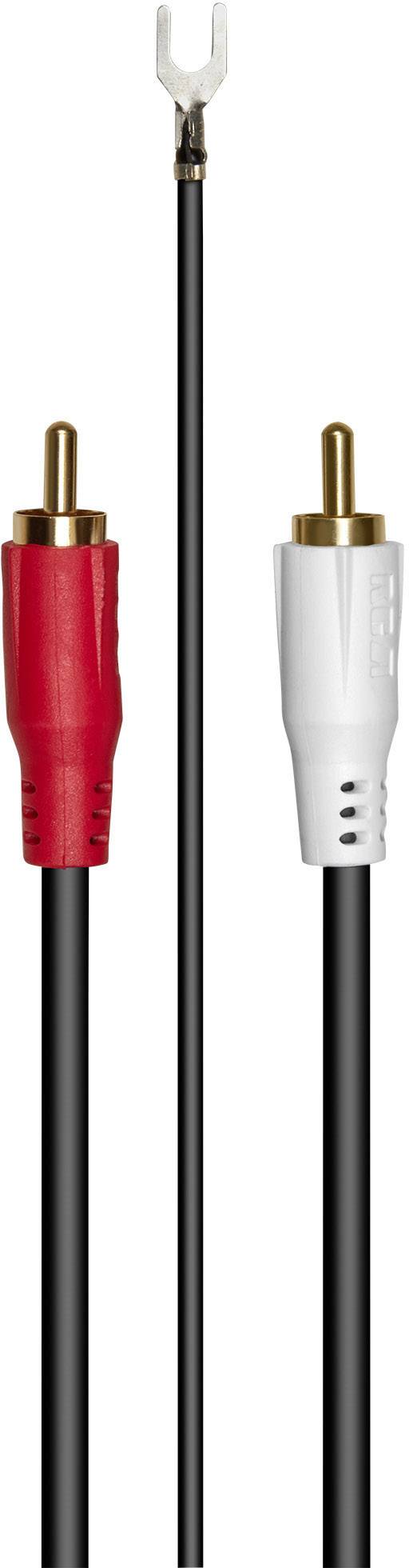 Deux fiches RCA, l'une rouge et l'autre blanche, reliées par un câble noir, sur un fond blanc.
